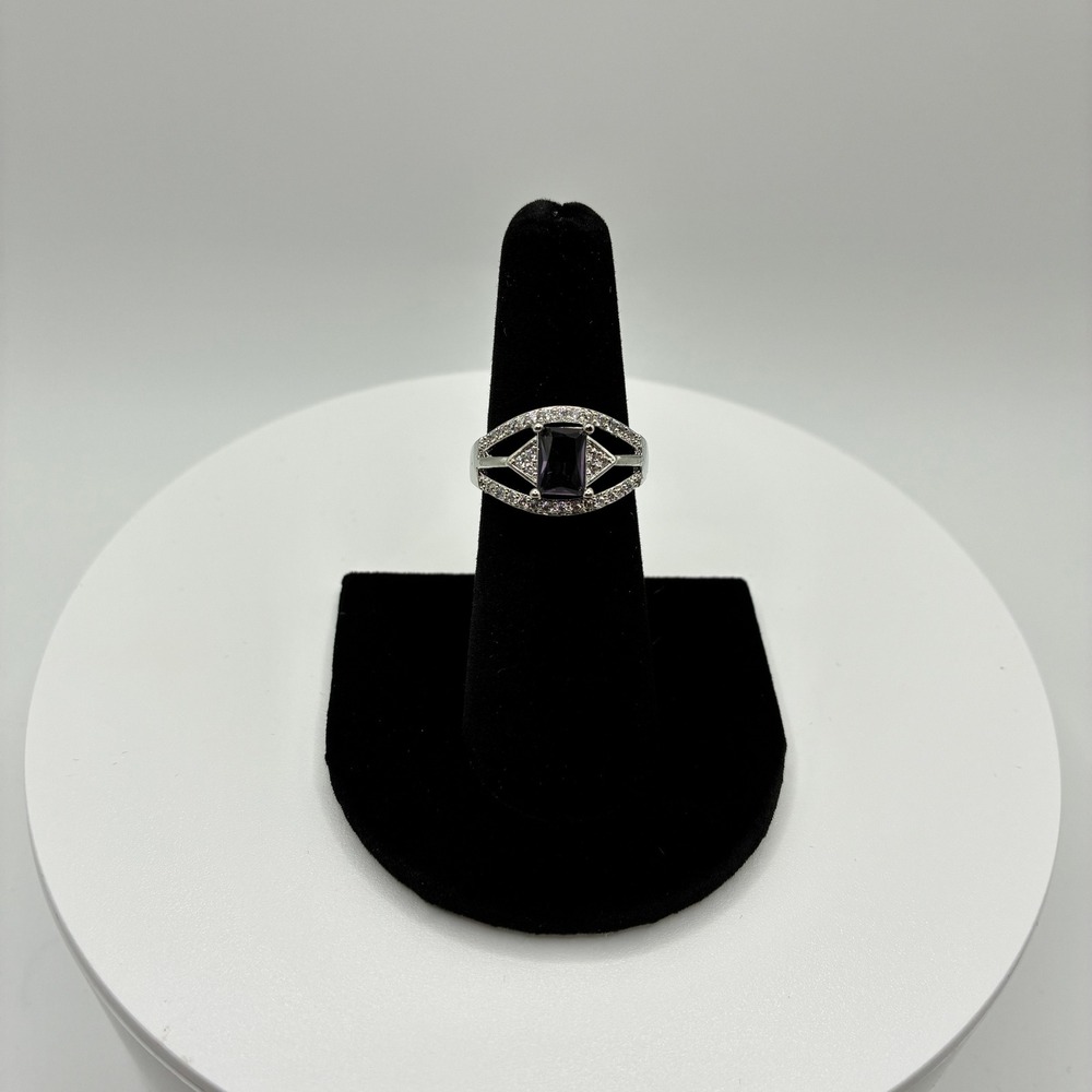 Women's Ring Size 6 Purple Emerald Cut Split Shank Accented Silver Tone